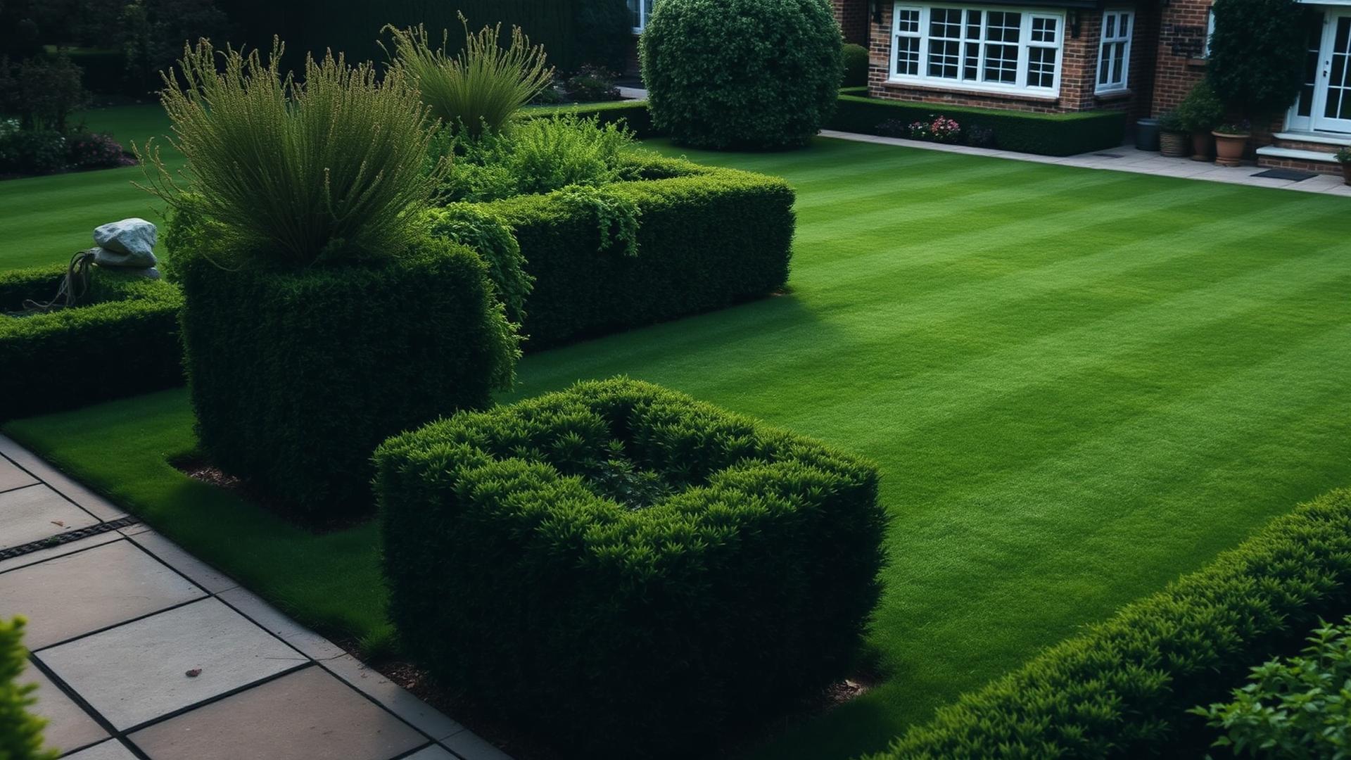 Neatly maintained UK garden with striped lawn and clipped hedges