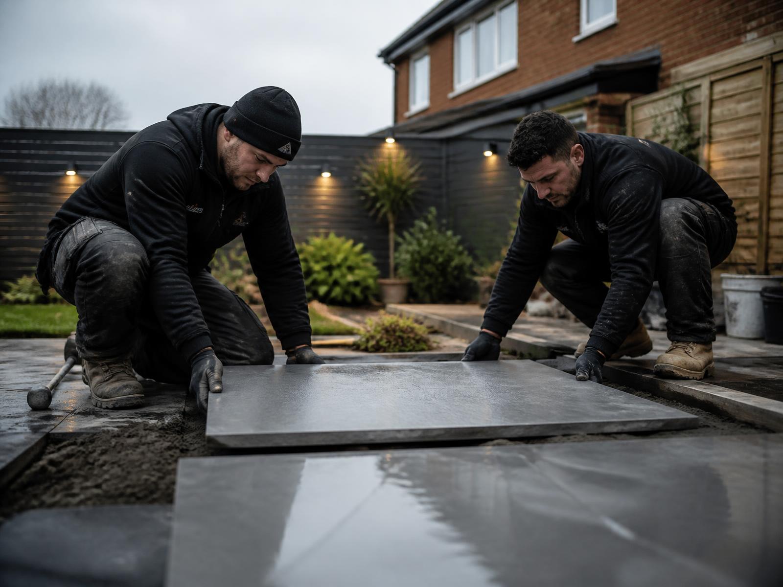 TSM landscapers laying large grey patio slabs in a back garden
