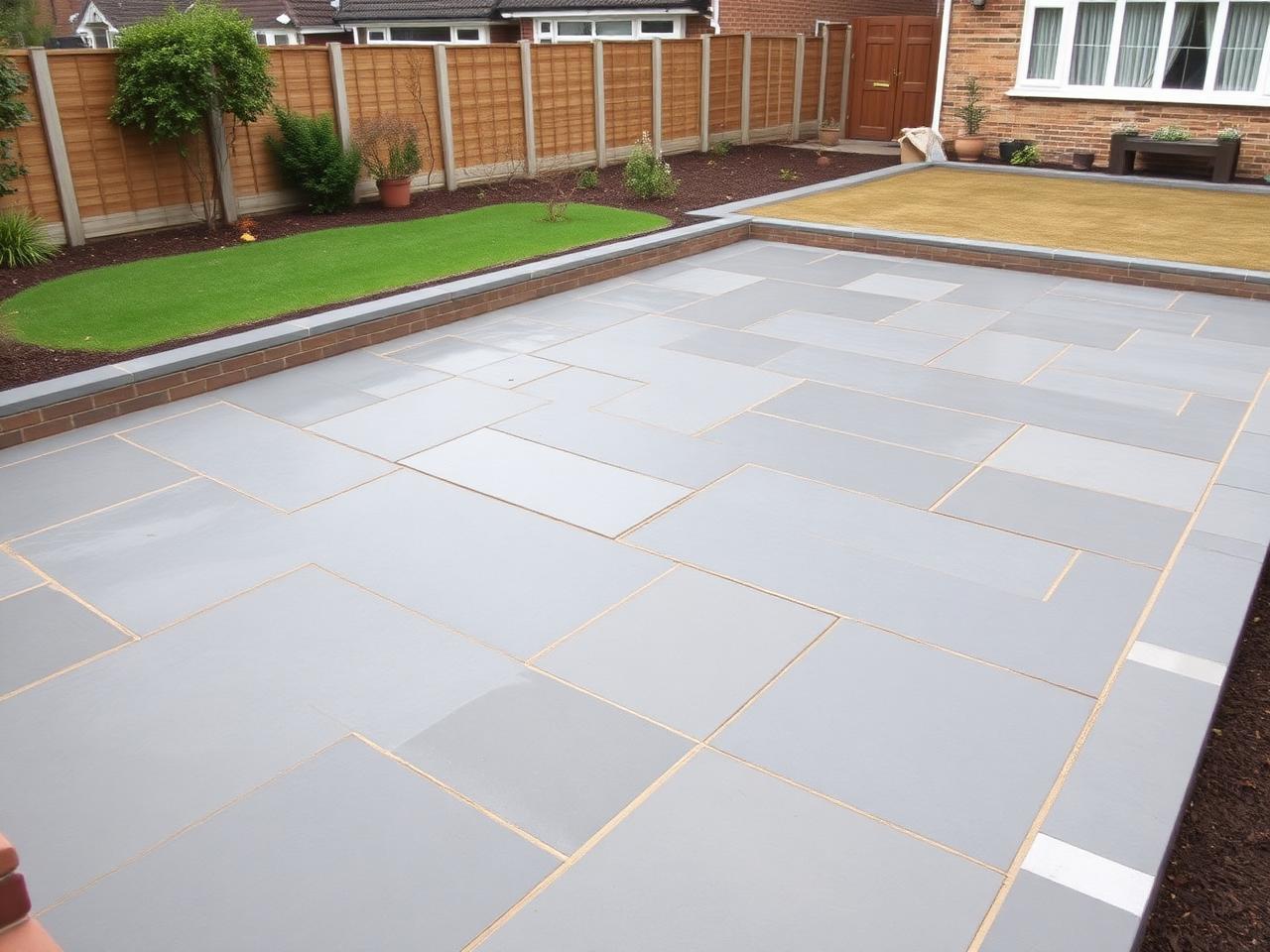 Newly laid grey slabbed patio in an Ilkeston back garden