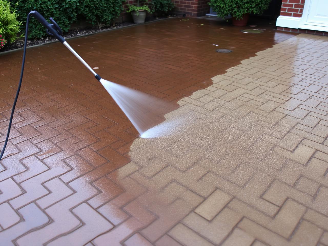 Pressure washing a block paved driveway clean