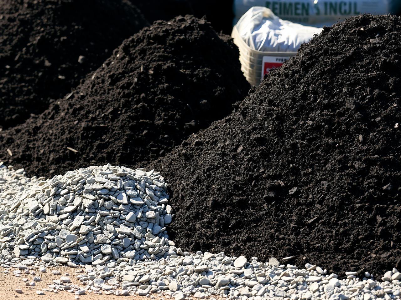 Piles of topsoil and decorative aggregate at a supplies yard